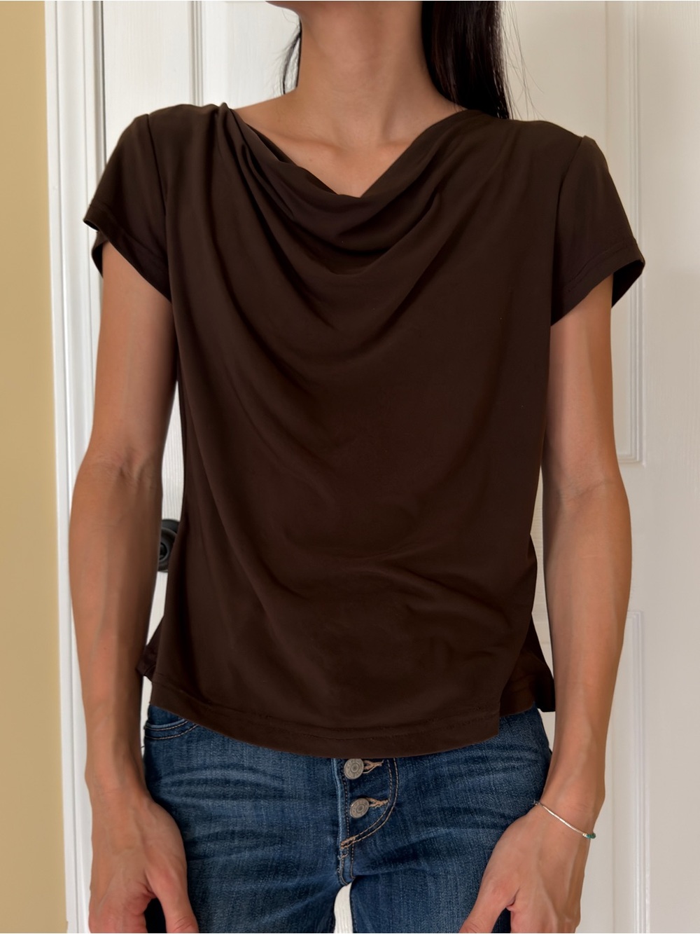 Briggs New York Chocolate Brown Draped-Neck Short Sleeve Top